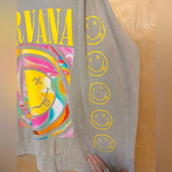 NIRVANA urban outfitters Tan Crewneck with Yellow Logo and Multicolor Smiley - Picture 2 of 6